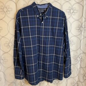 CHAPS Mens Long Sleeve Plaid shirt Navy Blue Easy Care Button Up Size XL